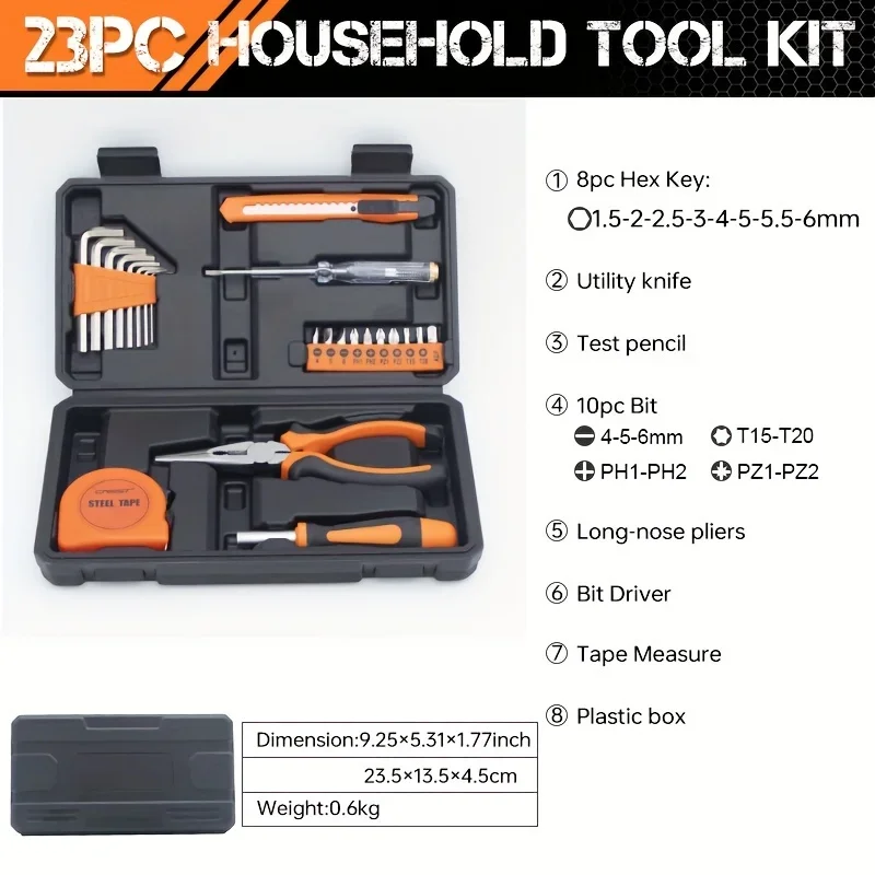 

23pcs MultiFunctional Household Tool Set, DIY Home Maintenance Kit For Daily Repairs, Uncharged Manual Hand Tool Box Screwdriver