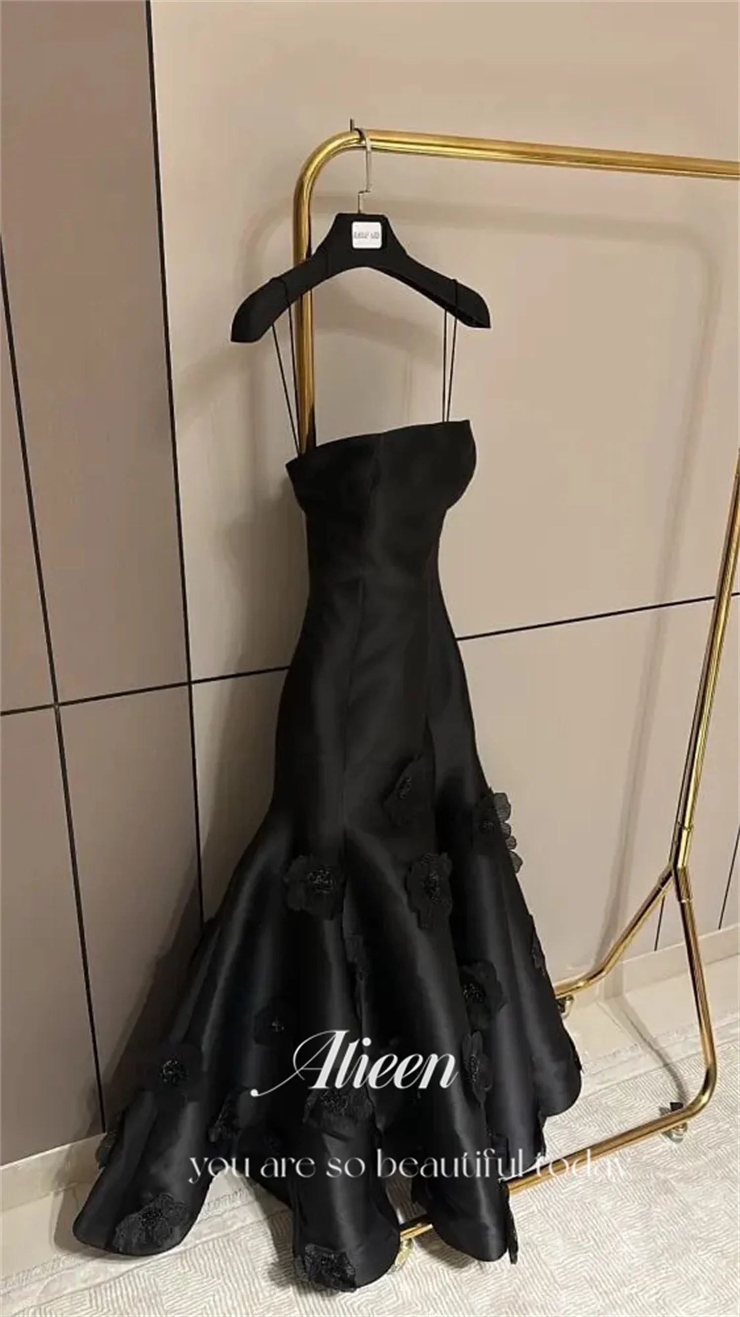 Robe de Soirée Sirène en Satin Noir à Fleurs Personnalisées pour Femme, Tenue Élégante de Luxe pour Bal de Promo et Mariage