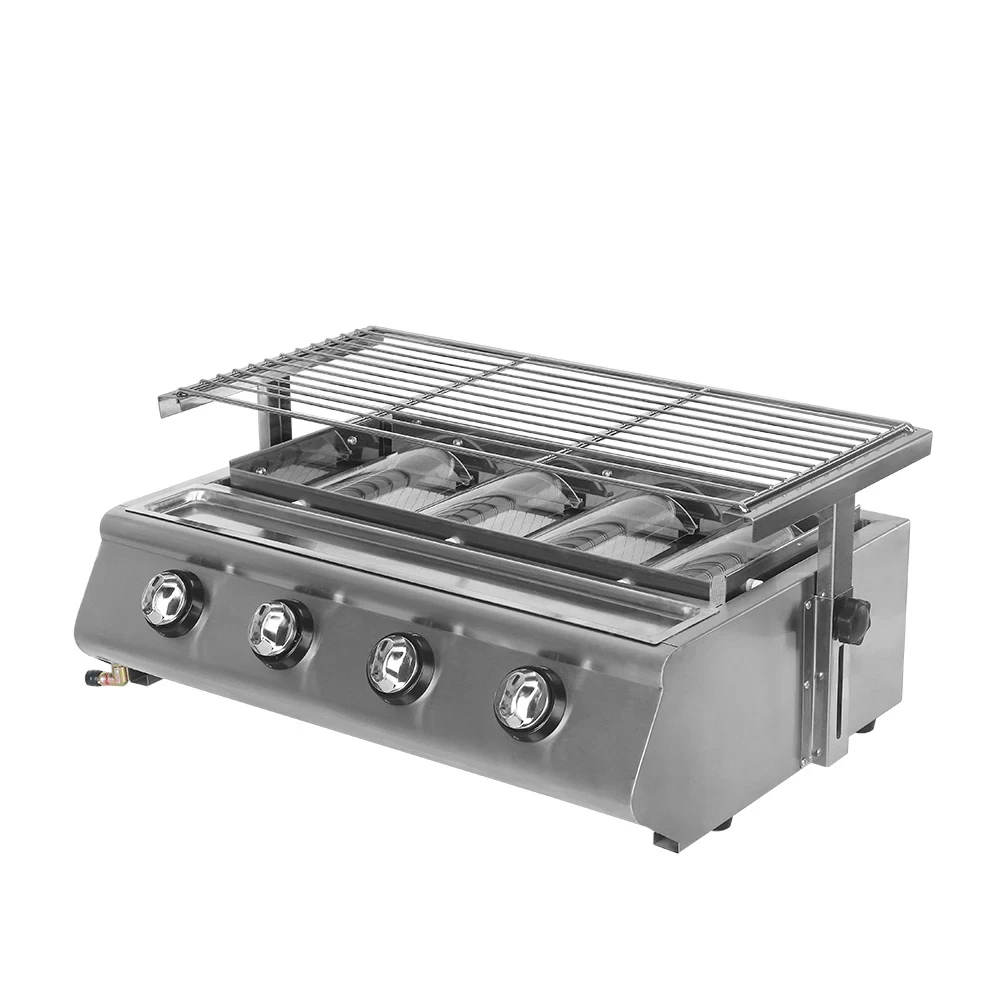 GZZT 4 Burners Gas BBQ Grill Stainless Steel Smokeless Stove W/ Burner Protecting Covers Use LPG Roast Griddle Barbecue Tools