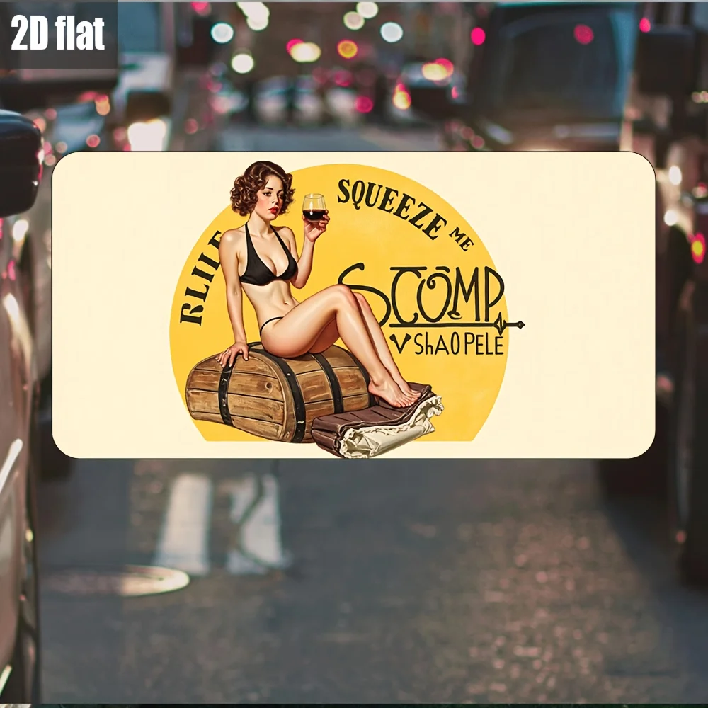 2D Flat,1pc Vintage Aluminum Car License Plate-Pre-Drilled Holes,2DFlat Design with Scantily Clad Woman&Beer Mug'Squeeze Me