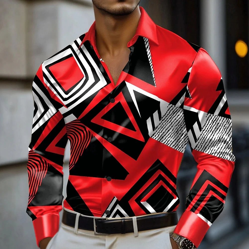 

Men's Geometric Print Long Sleeve Casual Shirt with Lapel Buttons Fashionable High-Quality Fabric Street Wear Shirt