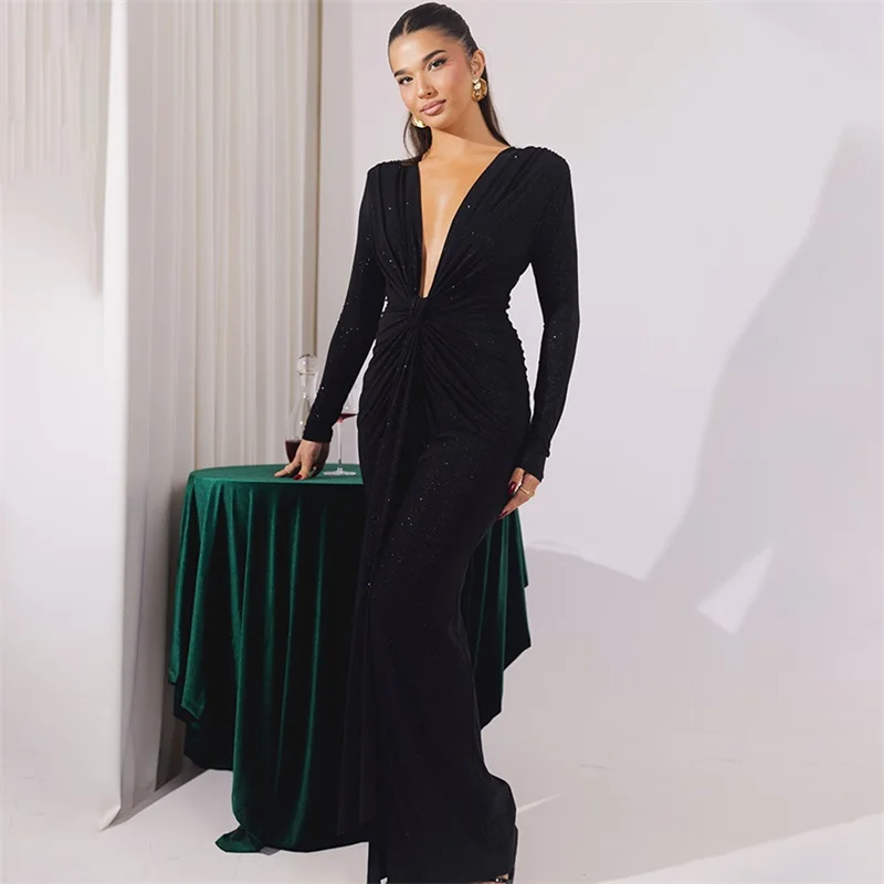 Shiny Black Women's Prom Dress Sexy Deep V Neck Full Sleeves Slim Fit Formal Birthday Long Maxi Autumn Party Gown Skirt Robes