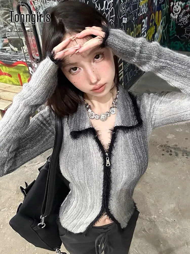 Tonngirls Gothic Sweater Women Knitted Tie Dye Cardigan Patchwork Y2k Vintage Tops Streetwear Korean Style Autumn Winter Sweater