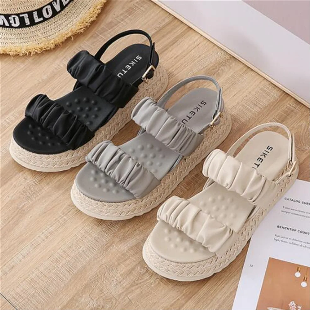 Sandalias de playa con cuña para Mujer, zapatos informales de tacón alto con hebilla de paja y cuerda de cáñamo, color gris albaricoque y negro, 2024