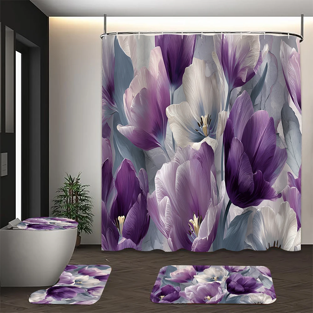 

Набор для ванной комнаты 4/1 Simple Flowers: занавеска для душа, декор для унитаза, коврик и крышка для унитаза, размер 70,8x70,8 дюймов.