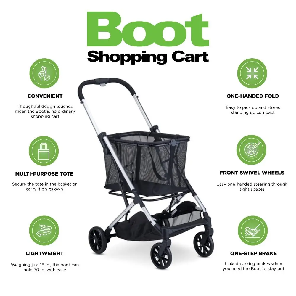 Boot Shopping Cart Featuring 70 lbs Total Weight Capacity, Stylish Removable Tote, Swivel Tires for Easy Steering, One-Han