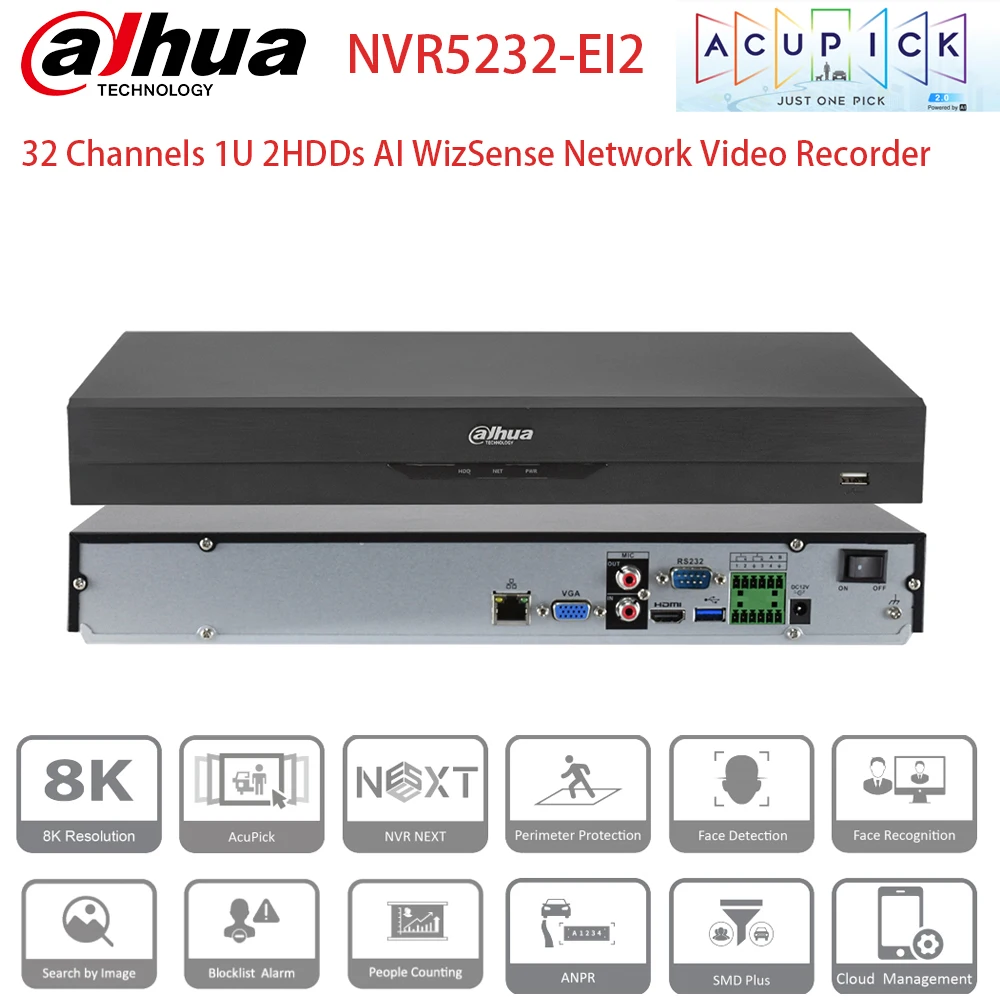 

Dahua 32ch 8K AI NVR NVR5232-EI2 AcuPick 448Mbps WizSense Metadata Face Detection Recognition Network Video Recorder