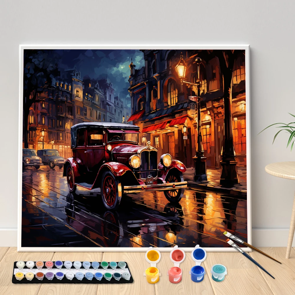 Seaside Car Night View Canvas Painting for Adults and Children Handmade Picture Wall Decoration Digital Art Gift