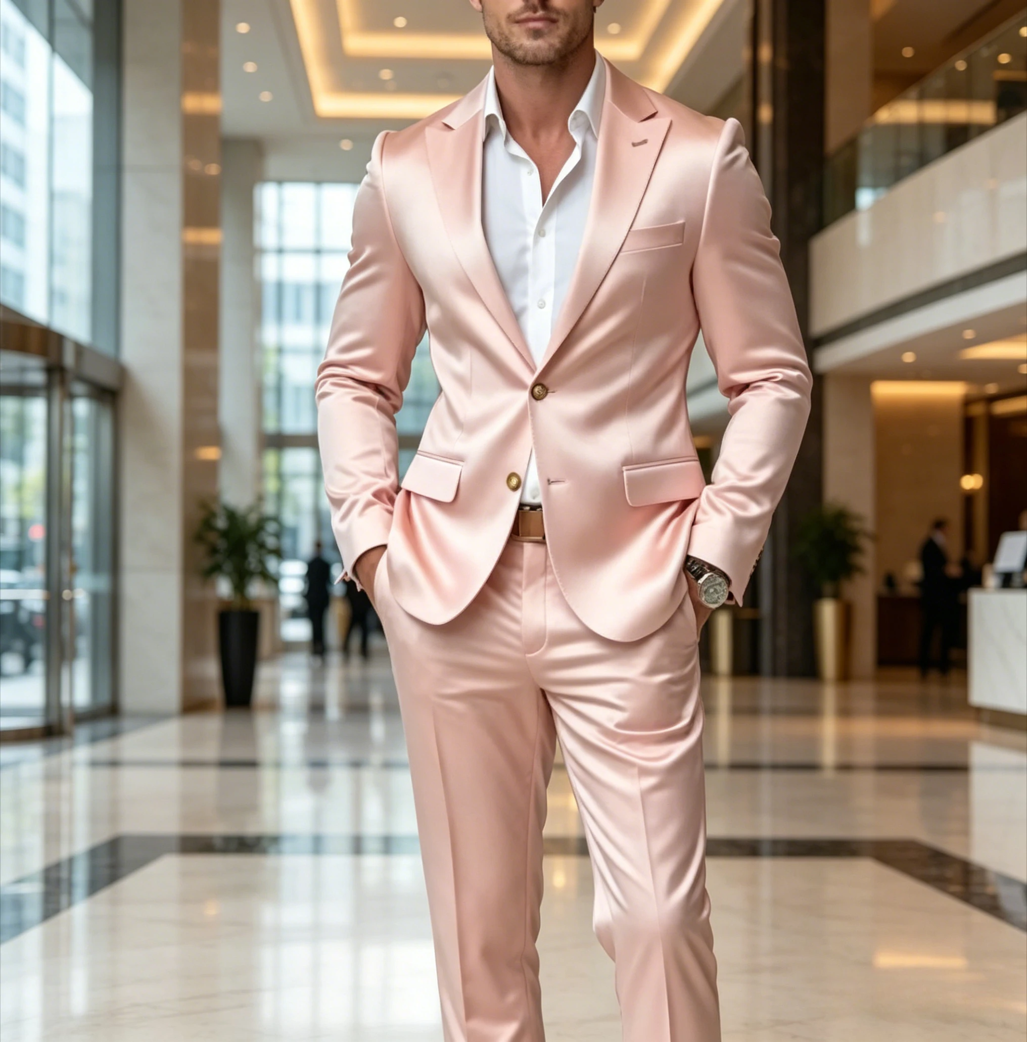 

New Pink Satin Formal Occasions Business Men Suit Groom Groomsman Wedding Party Prom Male 2 Piece Set Tuxedos Blazer Pants