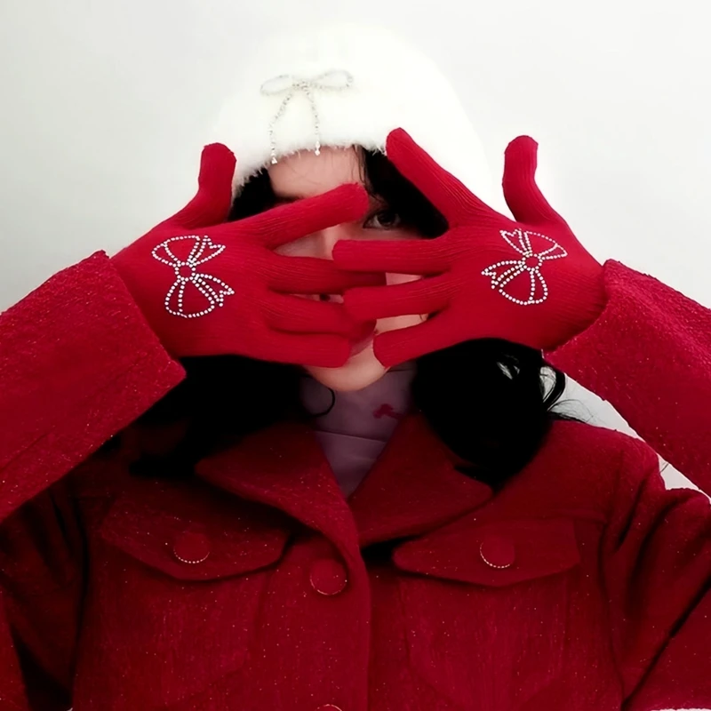 2pcs Bows Pattern Mittens Trendy Female Mittens Outdoor Activity Warm Gloves for Evening Wear and Outdoor Use Dropshipping