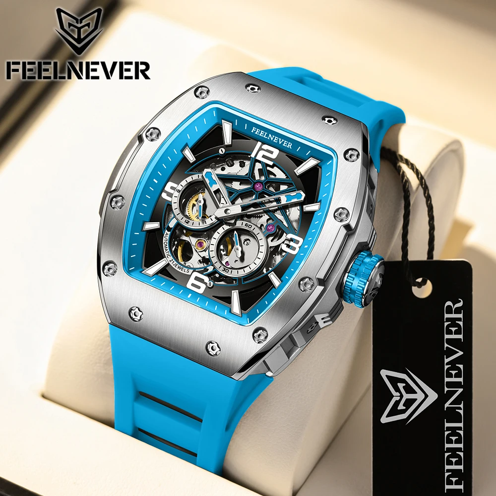 Men Watch FeelNever Brand Tonneau Automatic Mechanical Luminous Original Hollowing Out Movement Sapphire Independent Second Dial