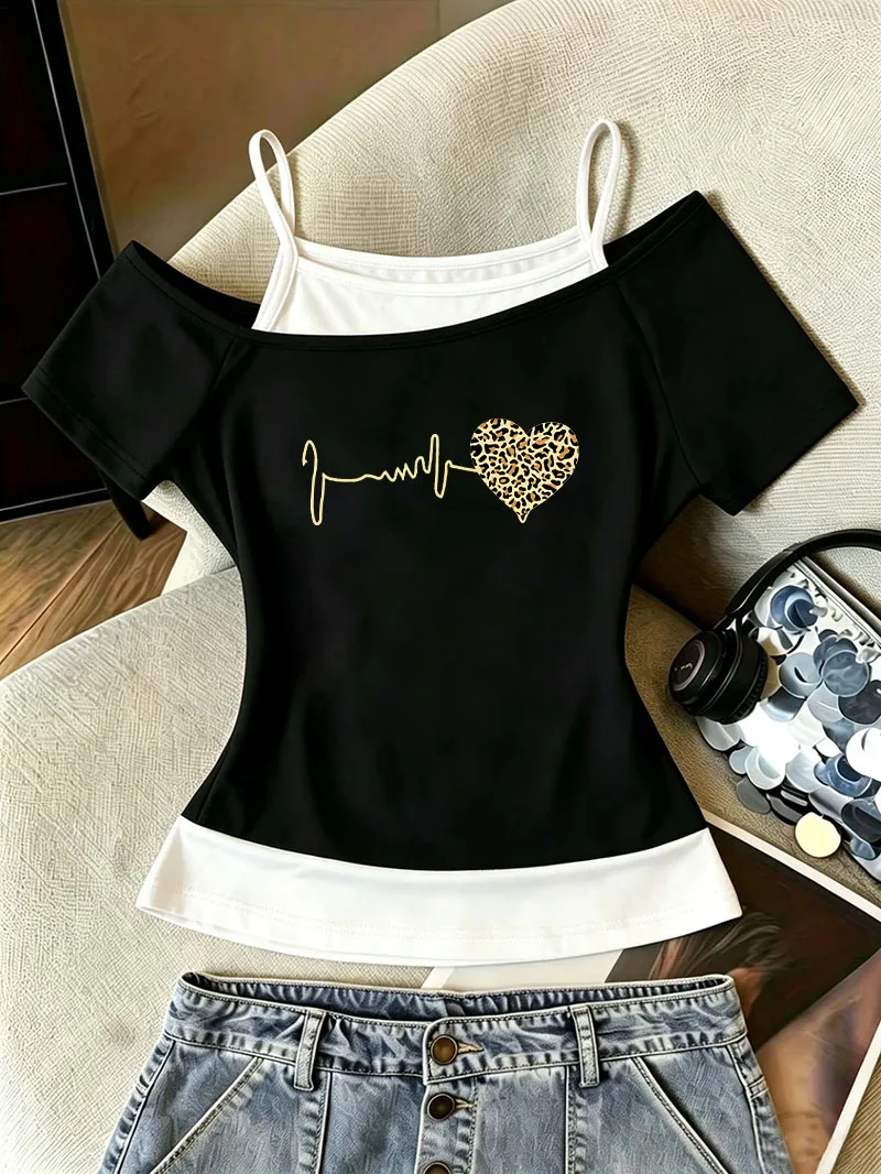 Casual Heart T Shirt Women Fashion T-Shirt Off-Shoulder 90s Gothic 2000s Graphic Chic T Shirt Y2k Tops Tee Girls Female