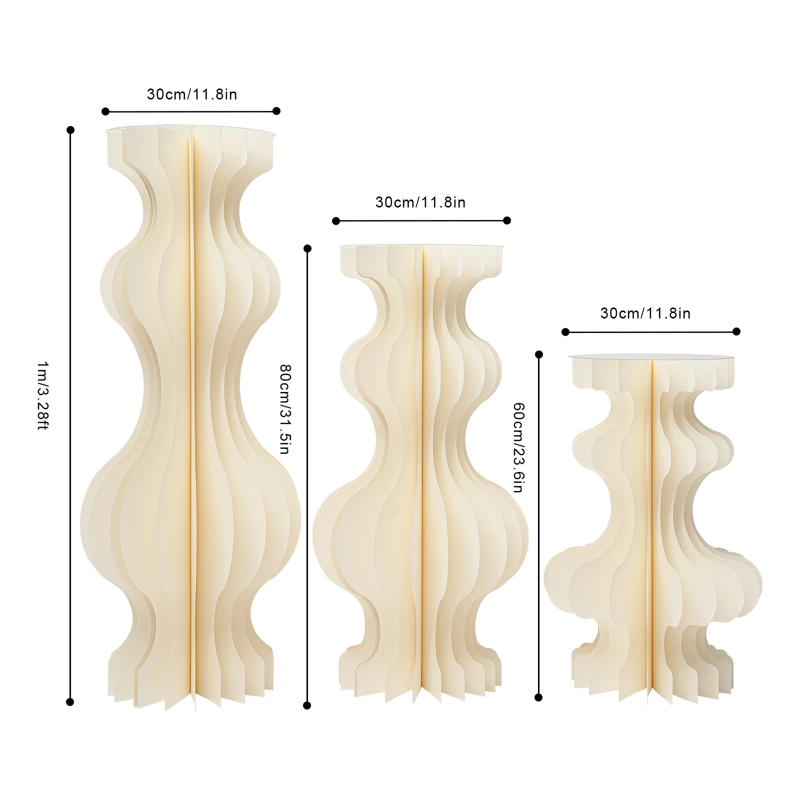 3PCS Curved Wedding Party Flower Stand Cylinder Foldable Cardboard Centerpiece Dessert Table Column Display Stand 60+80+100cm