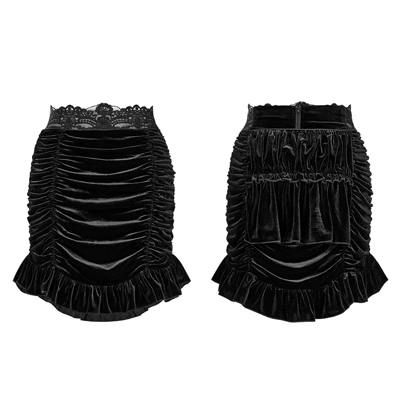 PUNK RAVE Women\'s Gothic Drawstring Sheath Velvet Fit  Short Skirt Fashion Personality Nimi Black Sexy Skirts Women