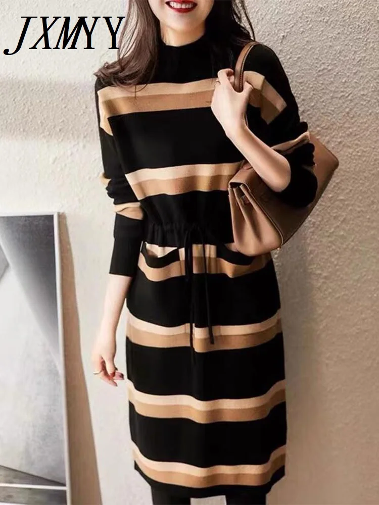 

2024 New Autumn Fashion Women's Clothing Contrasting Color Waist Half Turtleneck Mid-Length Slim Slim Striped Knitted Dress