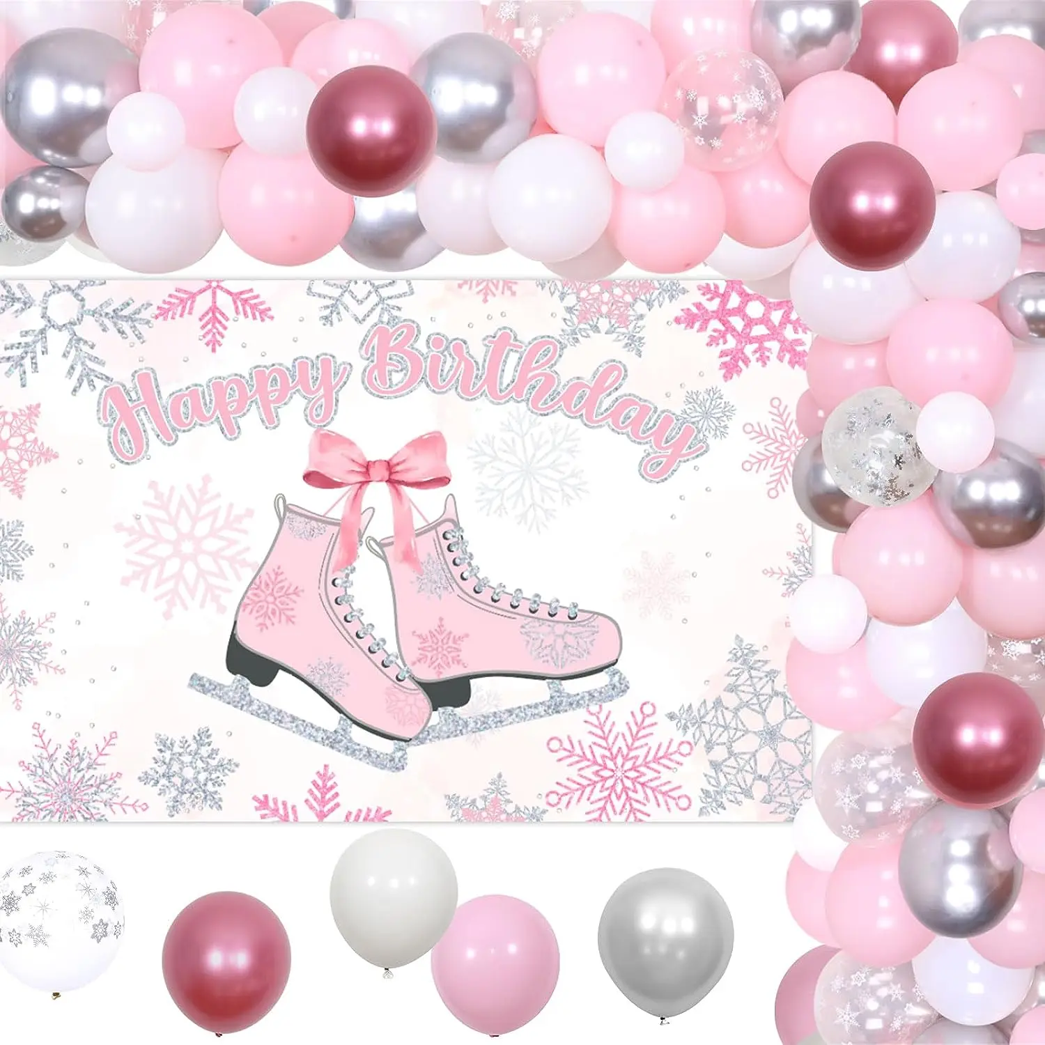 Pink Ice Skating Birthday Party Decorations for Girls, Balloon Garland, Snowflake Balloon, Happy Birthday Backdrop