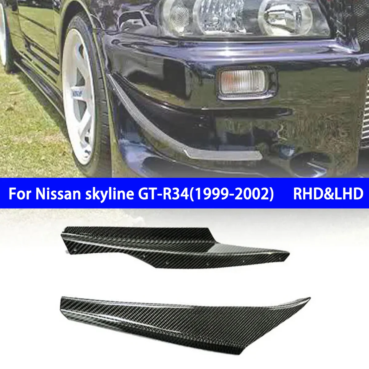 For Nissan Skyline R34 2009-2002 GTR Real Carbon Fiber Car Accesorries Lamp Eyebrow&mirror Housing&front Bumper Wind Knife For