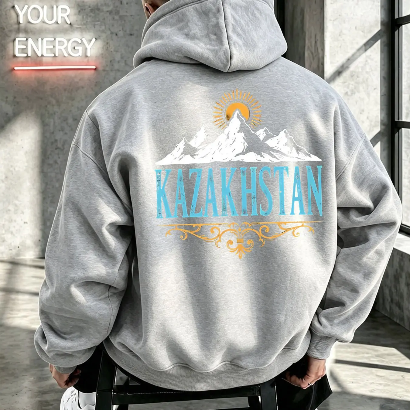 Trendiger Vintage Kasachstan Bergsonnen-Kunst Herren Pullover Hoodie Schneekopf-Dekorationsmuster Grafik Lässiger Kapuzenpullover – Detail 4