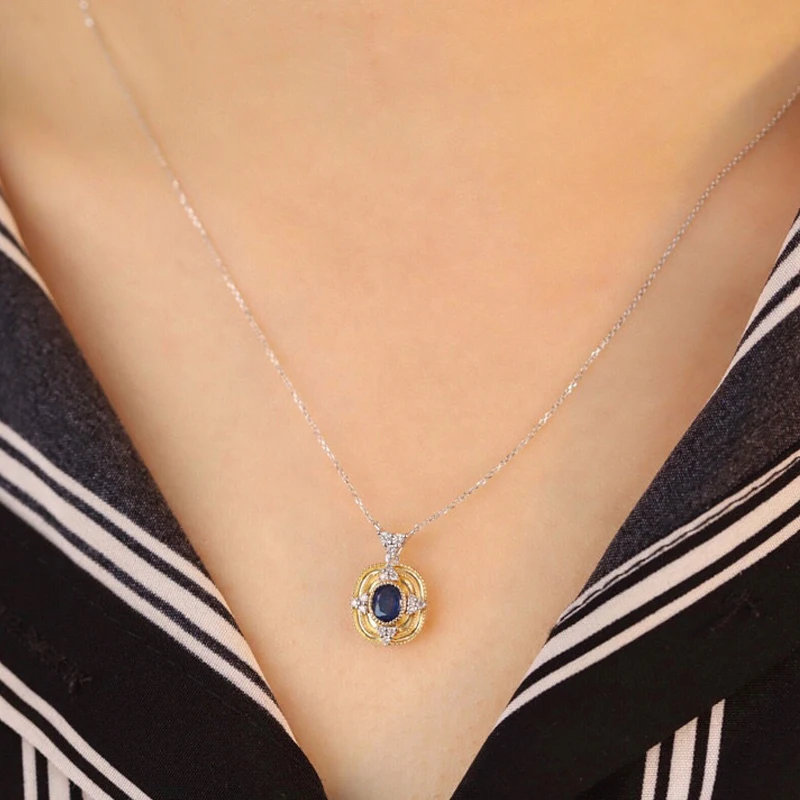 Aazuo 18K Fine Jewelry Yellow Gold Real Diamonds Natrual Blue Sapphire Square Necklace Gift For Women Engagement Party Au750