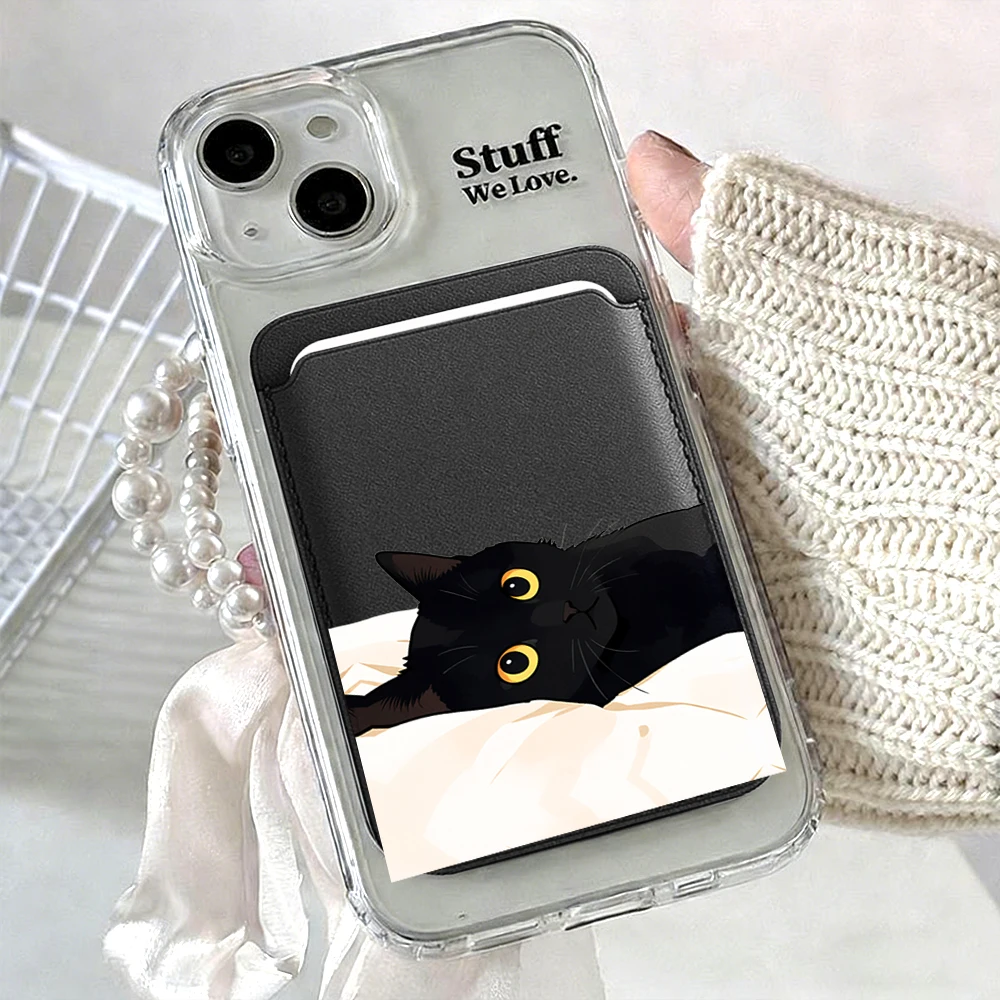 Schwarze Katzen-Leder-Kartenhülle für das Handy, geeignet für alle iPhone-Hüllen, Magsafe magnetische Kartenhalterung, einfache Handy-Rückentasche – Detail 13