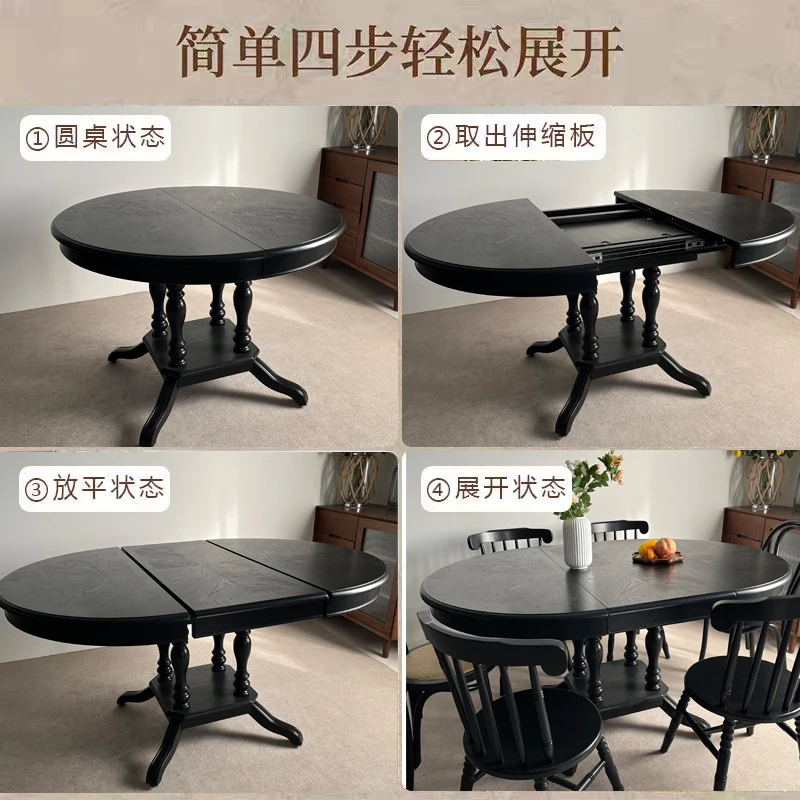 French retro round dining table black medieval round American solid wood round dining table foldable