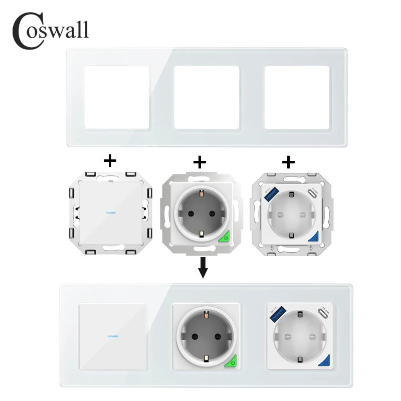 COSWALL Glass Touch Switch DIY Module WIFI / Zigbee Smart EU Wall Socket With PD 20W Type-C & A Dual USB Fast Charger