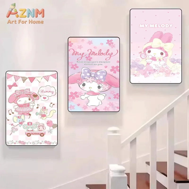 Sanrio My Melody Music Party Cute Bunny Canvas Wall Print No Frame Cartoon Poster Pink Checkered Background Girls Room Art Wall