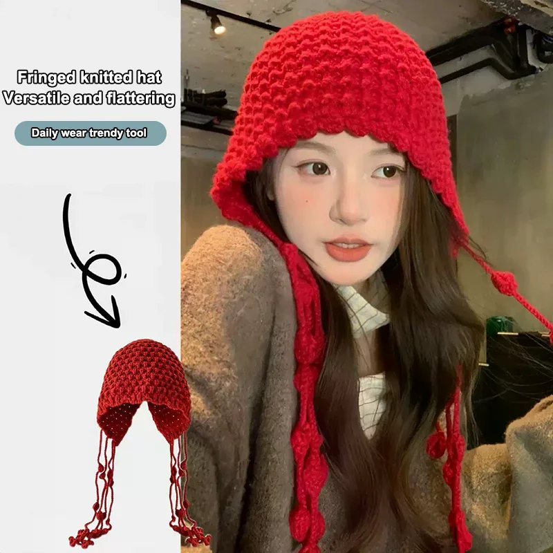 Autumn And Winter Warm Wool Hat Hand-woven Hollow Bag Hat Women's Ethnic Style Fringed Ear Protector Knitted Hat