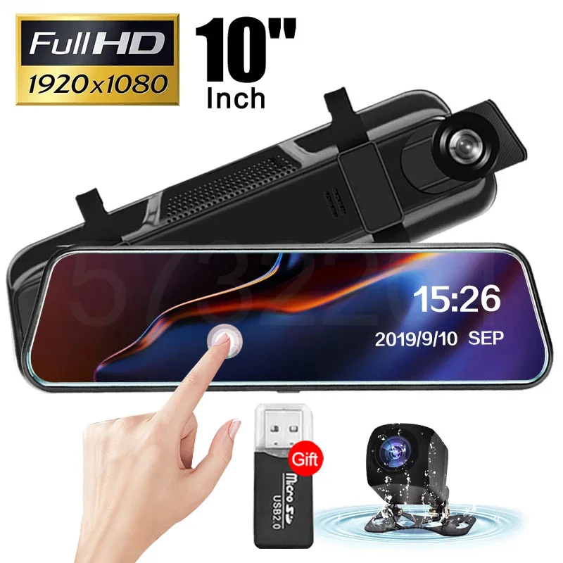 Car Rearview Dash Camera Wide 10.0 Inch Full Screen 1080P Auto Dual Lens Cam Mirror Car Recorder Stream Media Auto 4K DVR