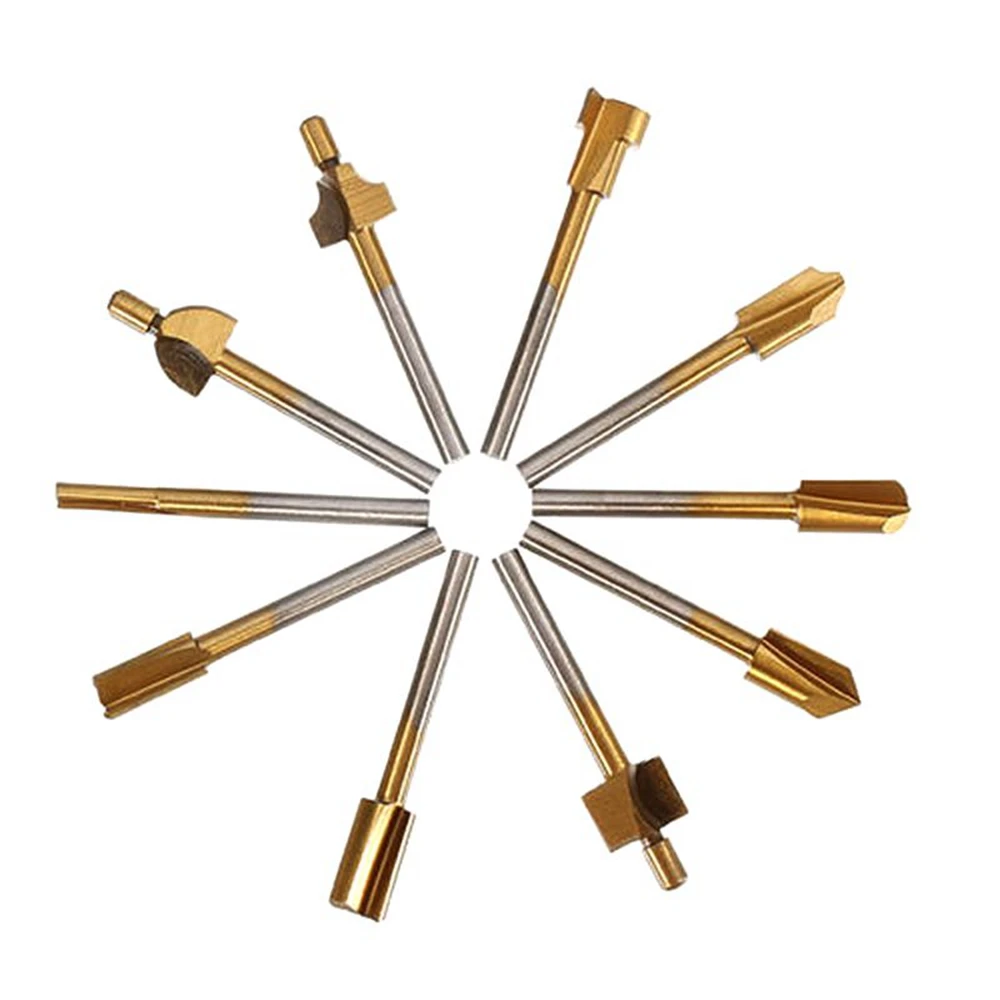 10個チタンhssルータービット木材フライスカッター1/8 "シャンク3ミリメートル大工トリミング彫刻ドリルビットdremel回転工具用