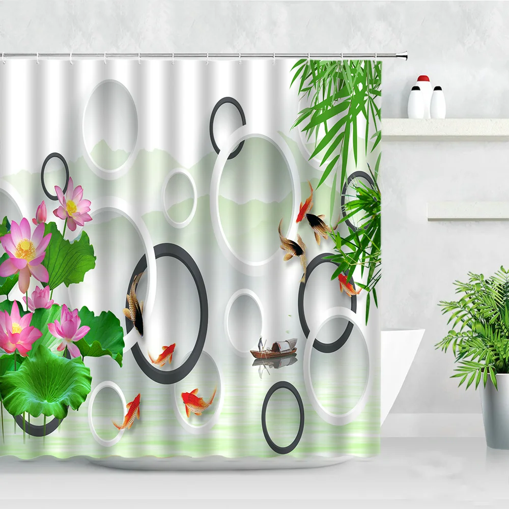 

3D Stereo Plant Shower Curtain Green Leaves Bamboo Pink Lotus Flower Zen Stone Goldfish Bathtub Decor Screen Washable With Hooks