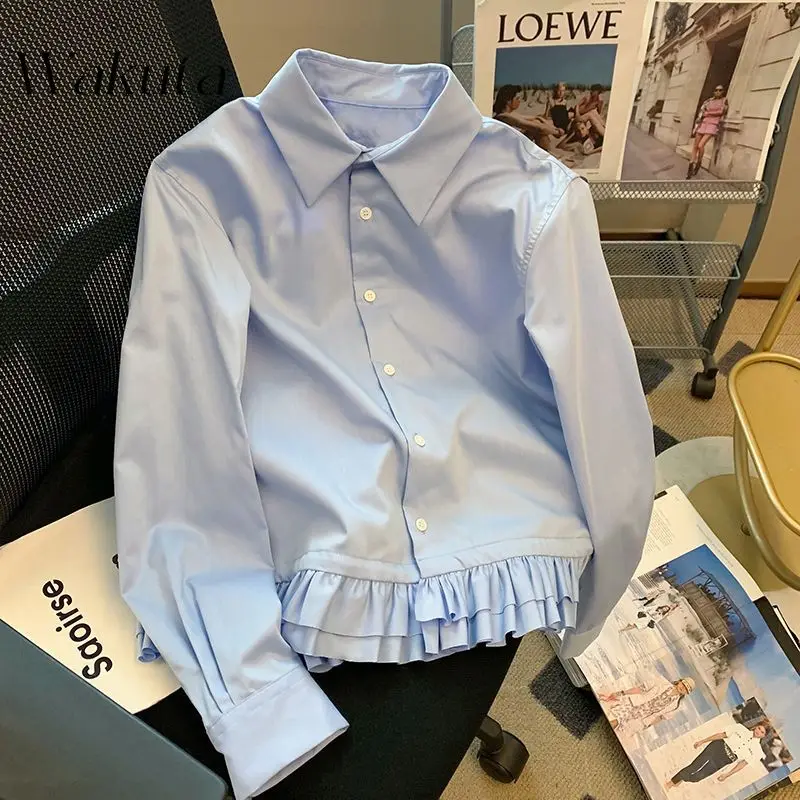 

WAKUTA French Vintage Lapel Ruffle Long-sleeved Wood Ear Hem Shirt Casual Design Sense of Shirt Chic Temperament Women Blouses