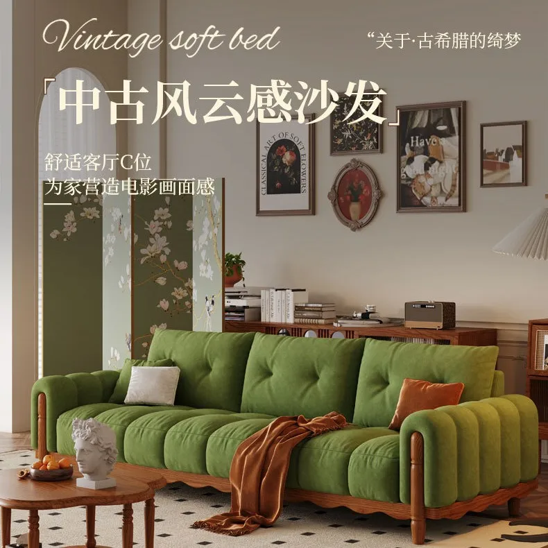 French retro style medieval solid wood three-person straight cloth sofa small apartment living room furniture fabric multi-color
