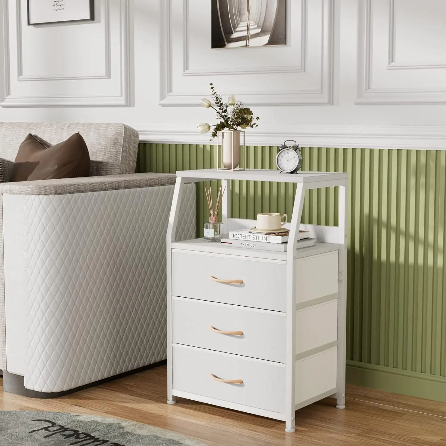 White Nightstand 3 Drawers 2-Tier Shelf Small Bedside Table Fabric Storage Steel Frame Wood Top for Bedroom