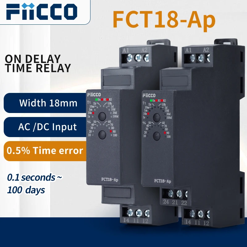 

Fiicco FCT18-Ap 18mm Slim Din Rail Type AC230V DC24V ACDC12-240V input Power On-delay Timer Relay For Car Park Barriers