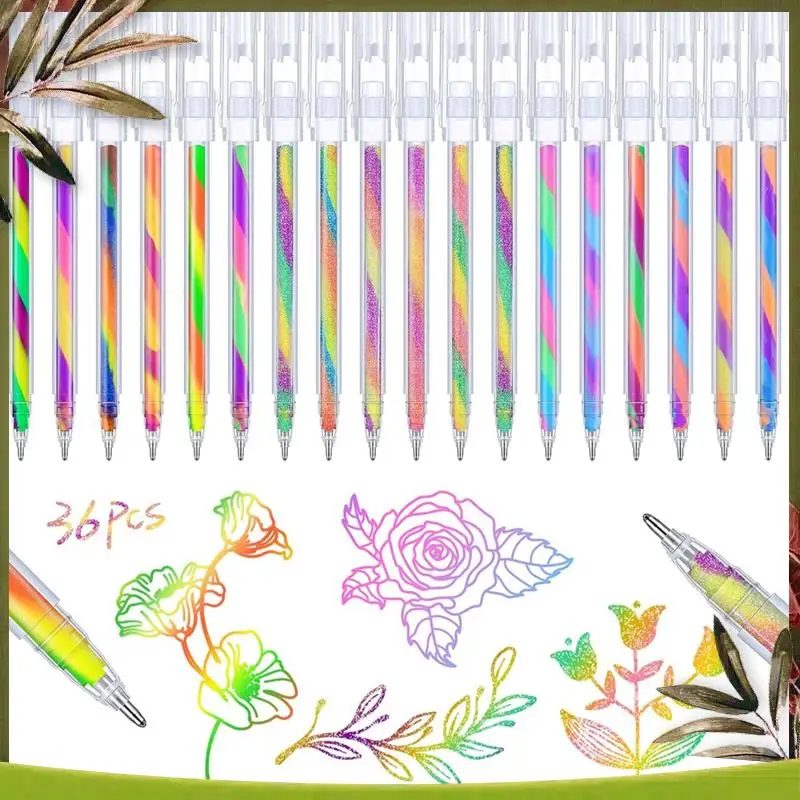 New-36 Pcs Rainbow Gel Pens Color Changing Glitter Neon Gel Pens Rainbow Pens For Adult Coloring Book