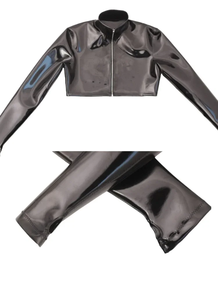 Shiny Double Sided PU Leather Long Sleeve Tshirt Wet Look PVC Crop Tops Short Shirts Zipper Waistcoat Cropped Top Overshirt Tees