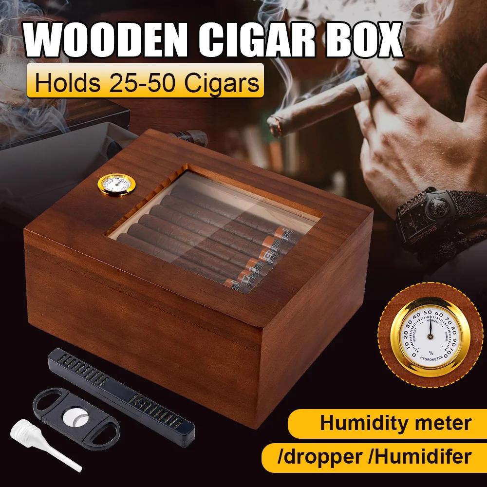 

Cigar Humidor, Cedar Wood Desktop Humidors Case with Digital Hygrometer, Humidifier & Divider, Cigar Gift for Men, Glass Top Box