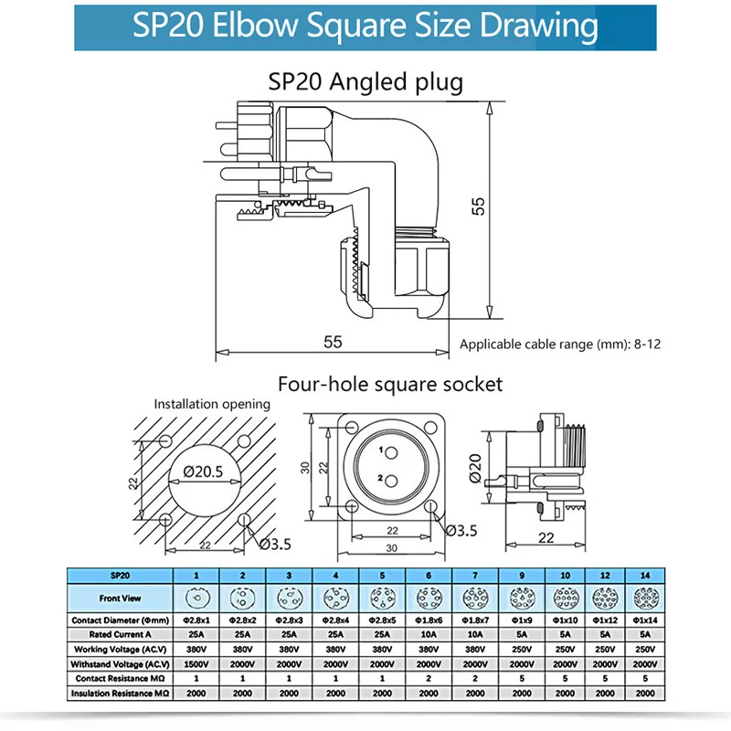 SP20 IP68 Square Type Strand Socket Power Connector 1/2/3/4/5/6/7/9/10/12/14Pin 90 Degree Elbow Waterproof Aviation Connectores