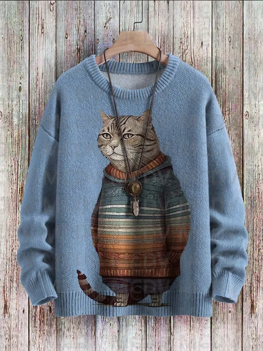 Cute Winter Cat Art Pattern Print Casual Knit Pullover Sweater Men\'s For Women\'s Pullover