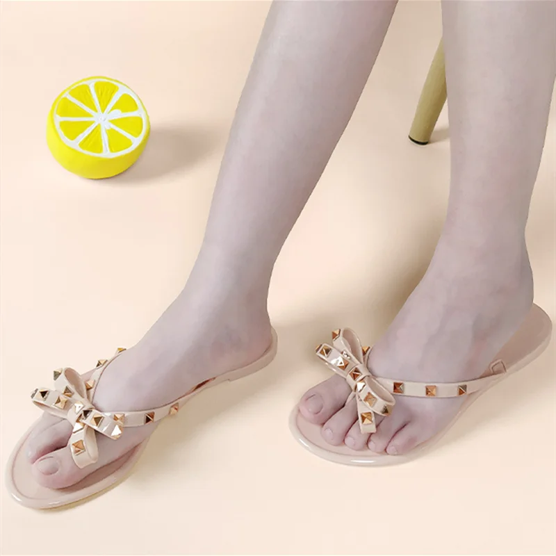 Women Bow-Knot Slippers Flat Shoes Lock Studded Rivets Purple Watermelon Red Outdoor Pvc Plastic Slides 36-42 26cm Cheap Pricing