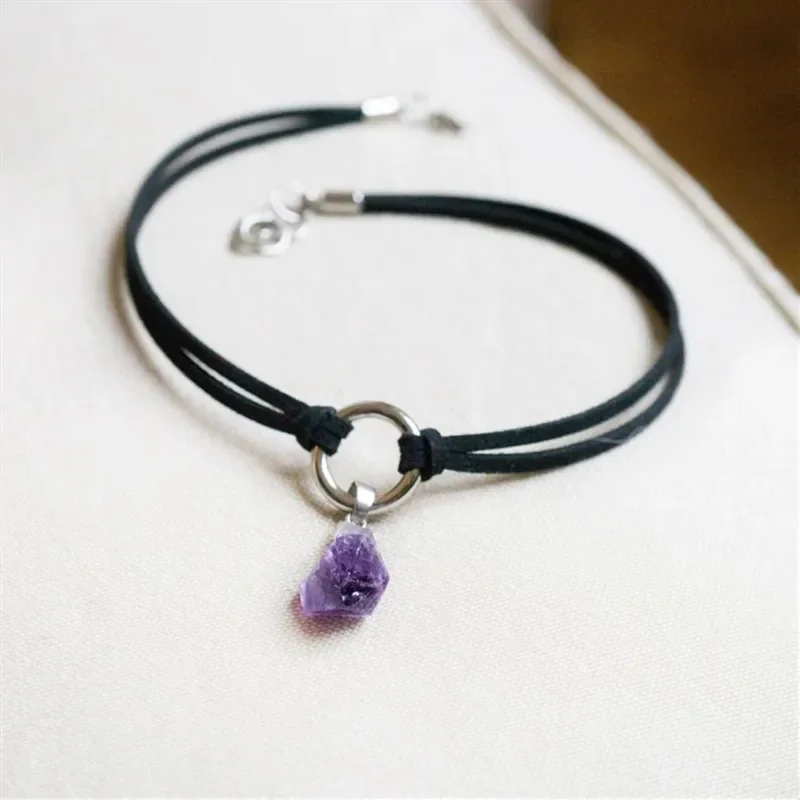 Purple Crystal Choker Necklace Witchy  Jewelry Raw Stone Pendant Black Layering Choker Boho Style Fashion Women Gifts 2025 New