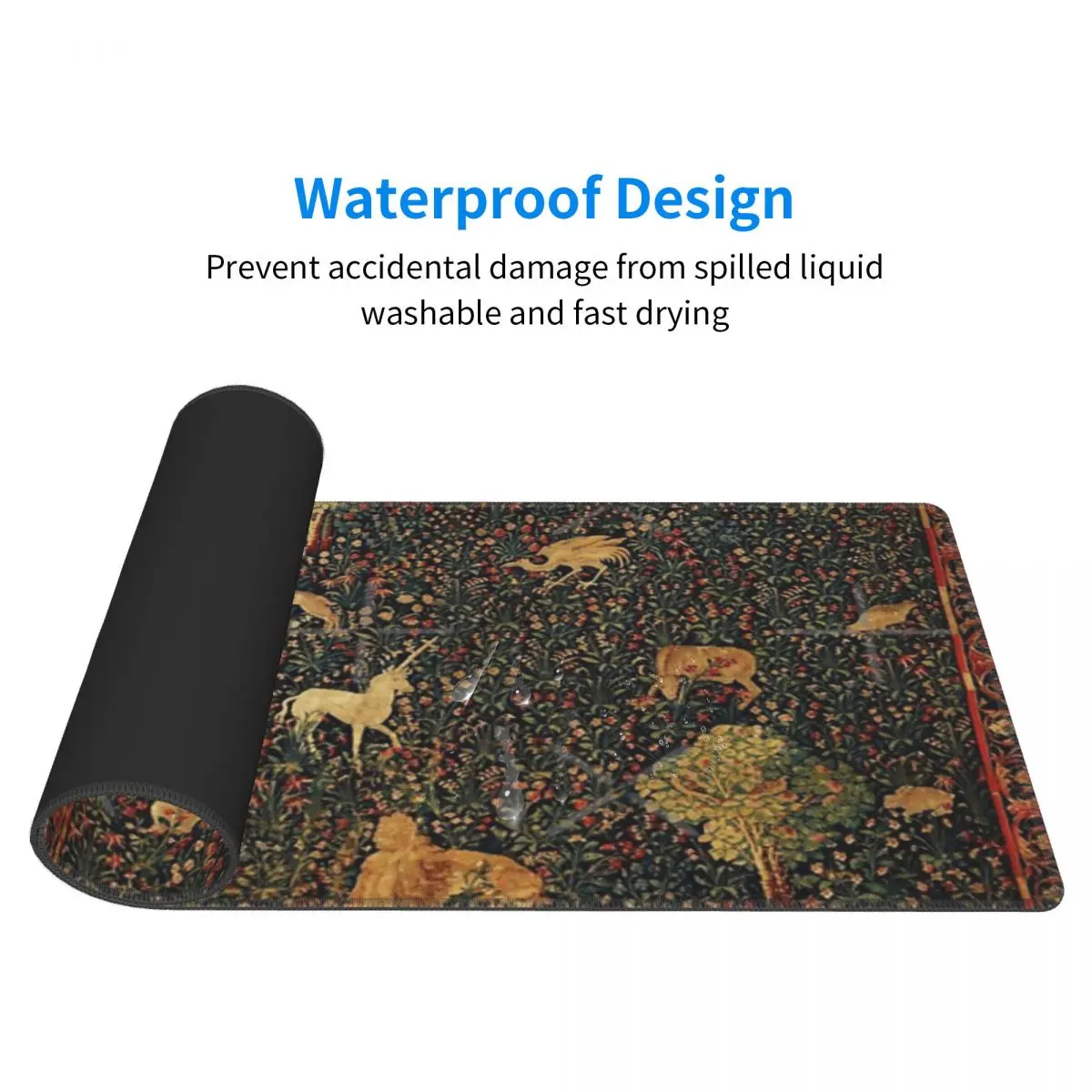 UNICORN AND MEDIEVAL BESTIARY Millefleurs Red Green Floral Tapestry Forest Animals Rubber Keyboard Pads
