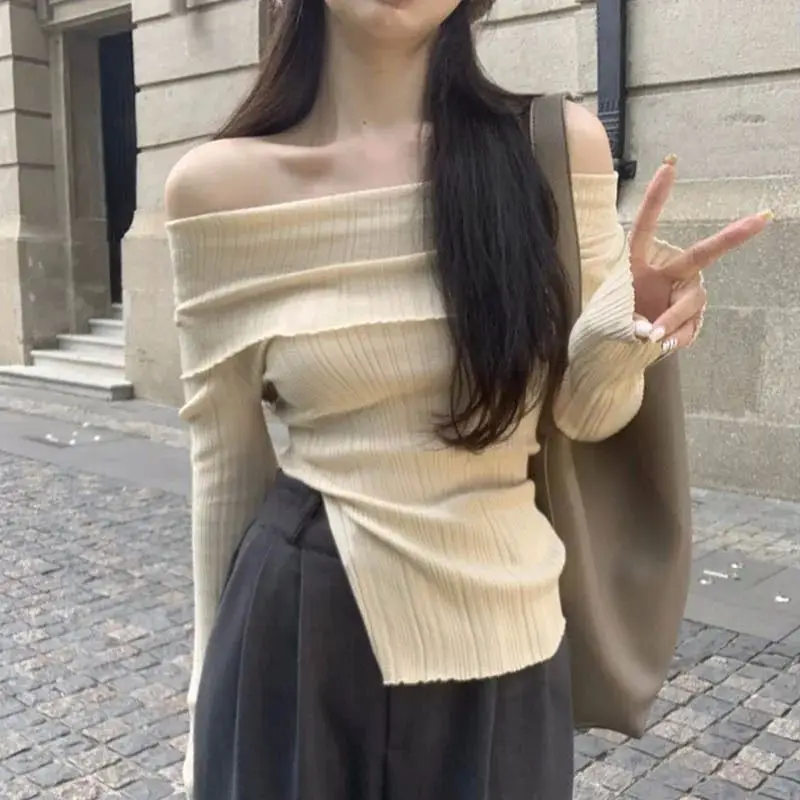 

Women's Autumn Pullover Off-oulder Top Irregular Split Design Comfortable Linen Blend Knitted Sweater for Ladies