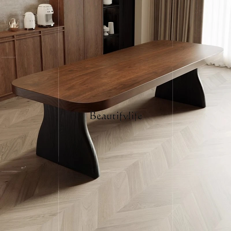 

French Retro Color Block Solid Wood Large Round Corner Dining Table Nordic Vintage Style