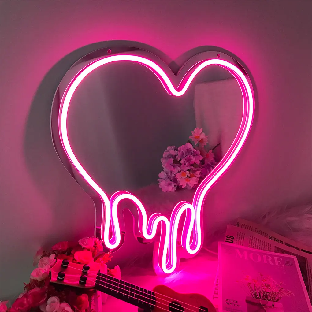 

Heart LED Neon Mirror Sign with Pink Light Makeup Mirror Girls Room Decoration Lights Atmosphere Night Lamp USB+Battery Powered