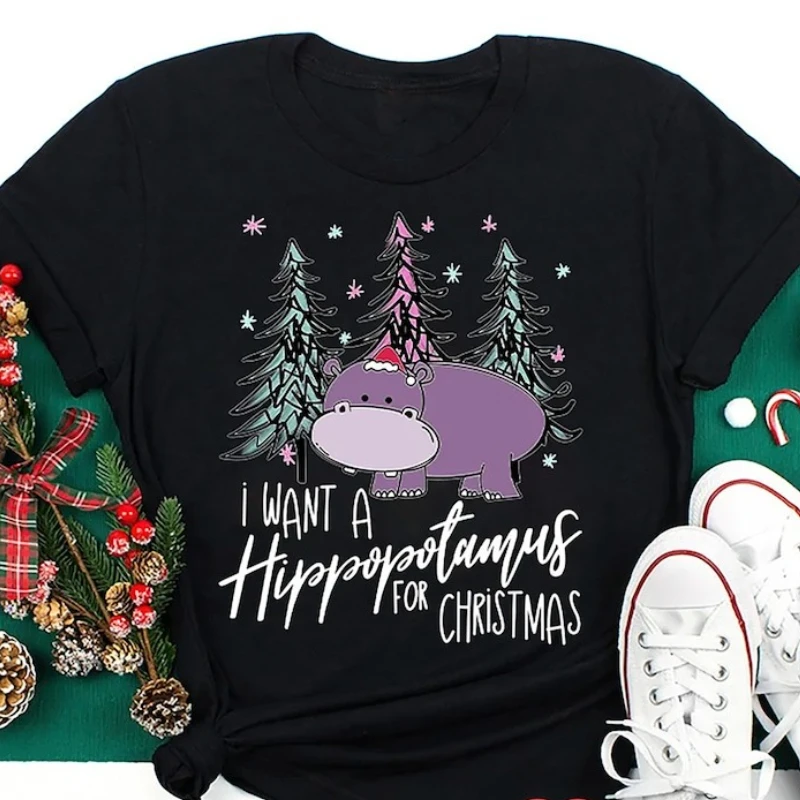 I Want A Hippopotamus for Christmas Teacher Cotton T-Shirt Hippo Shirt Crew Neck Short Sleeve Top All Seasons Casual Comfortable