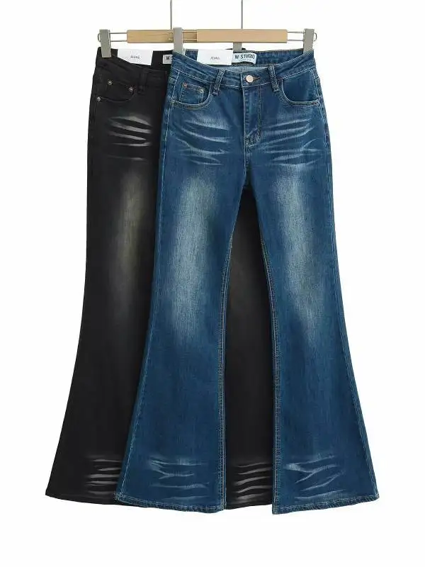 Erweiterte Damen-Jeans mit hoher Taille, elastisch, schlankmachend, lange Hosen, sexy Retro-amerikanische Sle-Beinverbesserung, ausgestellte Denim-Skinnies