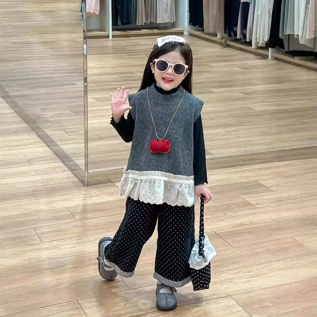 Girls Suits 2024 Autumn New Childrens Wear Baby Girls Lace Wool Vest Little Bit Wide-leg Pants Three-piece Set Casual