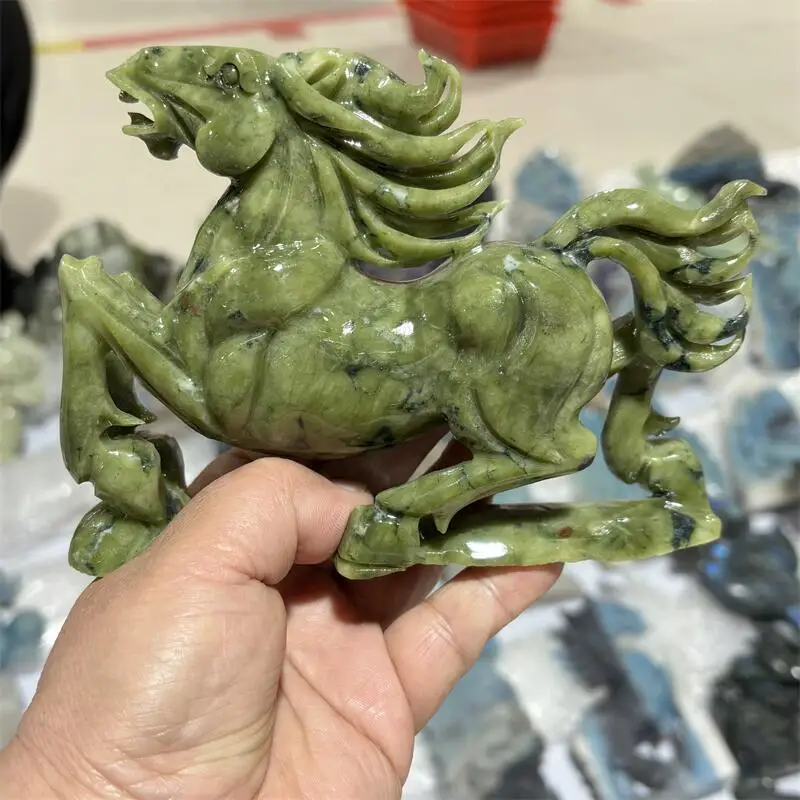1PCS Natural Green Jade Ophiolite Horse Carving Reiki Faith Handicraft Healing Ornament Home Decoration Green Jade Gift